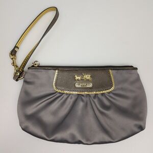Coach Amanda Metallic Satin Clutch Purse Wristlet Gold Silver Zip 42032 Indie